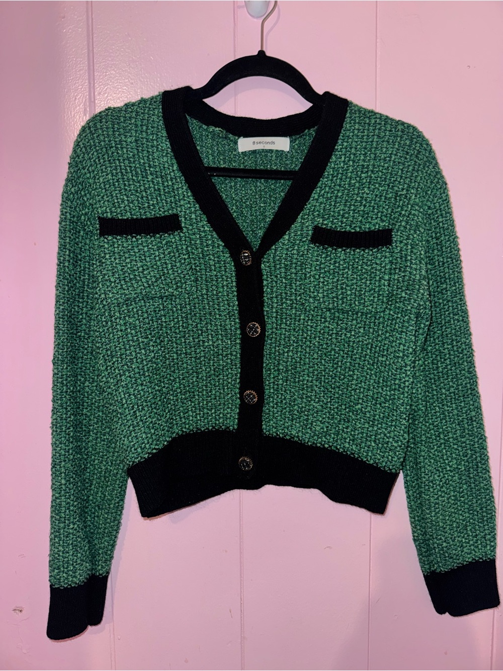 8 Seconds Green Tweed Cropped Cardigan with Black Trim